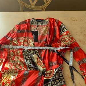 plus red printed satin long sleeve wrap dress